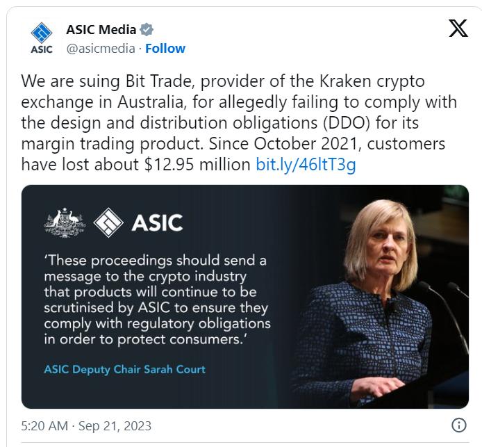 Ủy ban Chứng khoán và Đầu tư Úc ASIC Úc kiện sàn giao dịch Kraken