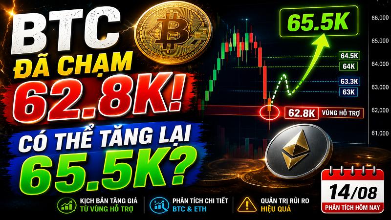  Phân Tích BTC & ETH Hôm Nay 14/08: Bitcoin Đã Chạm 62.8K, Có Thể Tăng Trở Lại 65.5K?