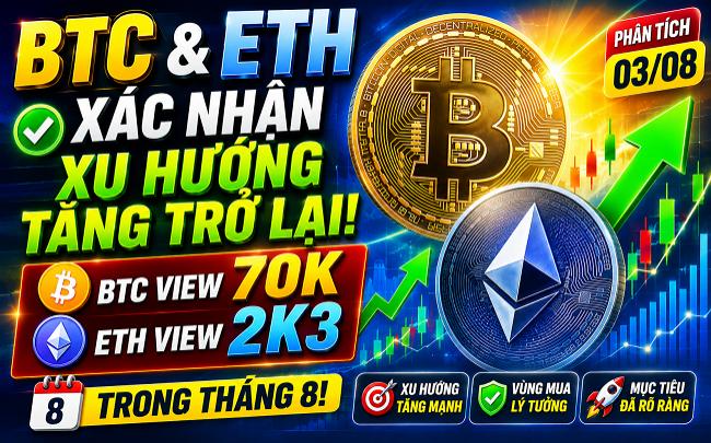 Phân Tích BTC & ETH Hôm Nay 03/08: BTC và ETH Xác Nhận Xu Hướng Tăng, BTC hướng 70k  và ETH 2300