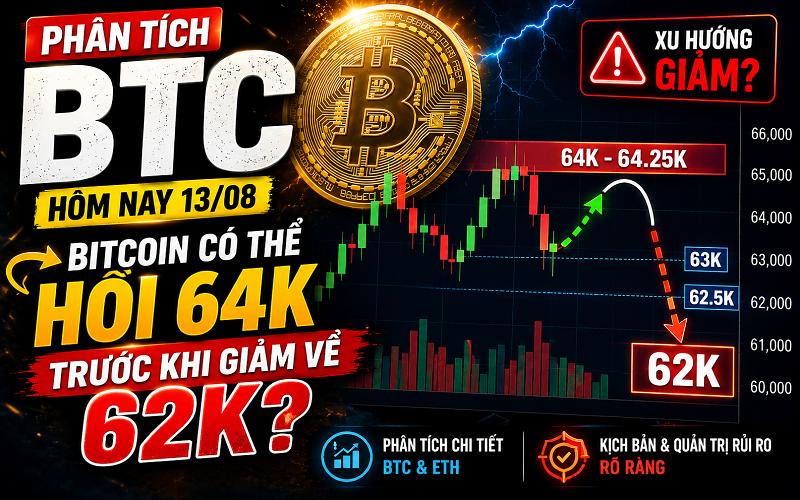 Phân Tích BTC Hôm Nay 13/08, Bitcoin Có Thể Hồi 64K Trước Khi Giảm Về 62K?