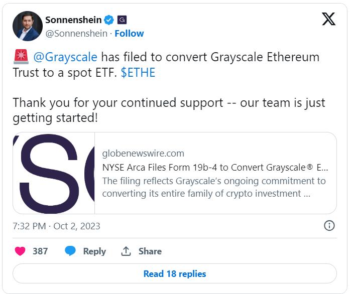 Grayscale nộp hồ sơ SEC để chuyển đổi Ethereum Trust thành ETF giao ngay